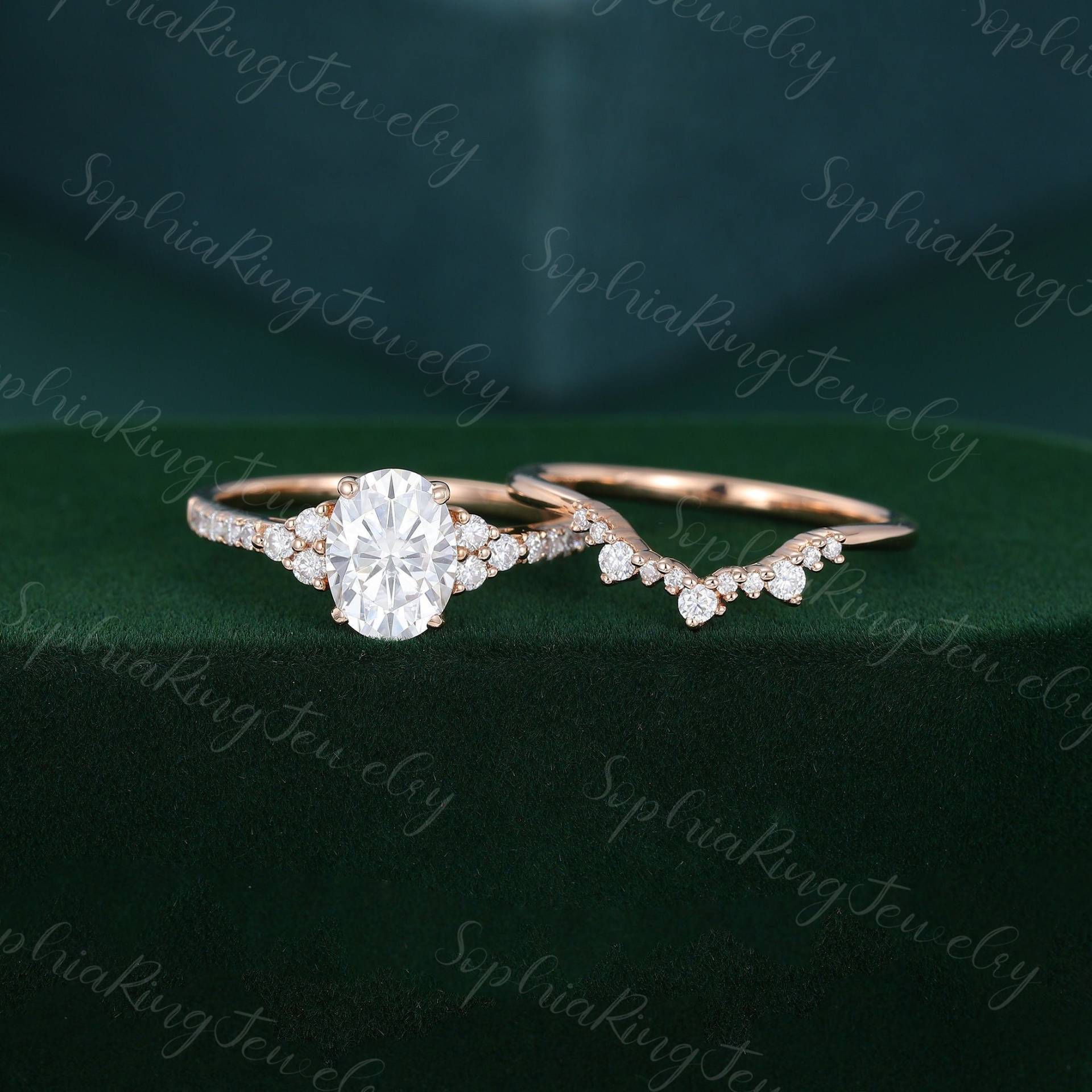 Oval Geschliffener Moissanit Verlobungsring Set Unikat Rosegold Halbe Ewigkeit Vintage Diamantring Frauen Braut Jahrestag Geschenk von SophiaRingJewelry
