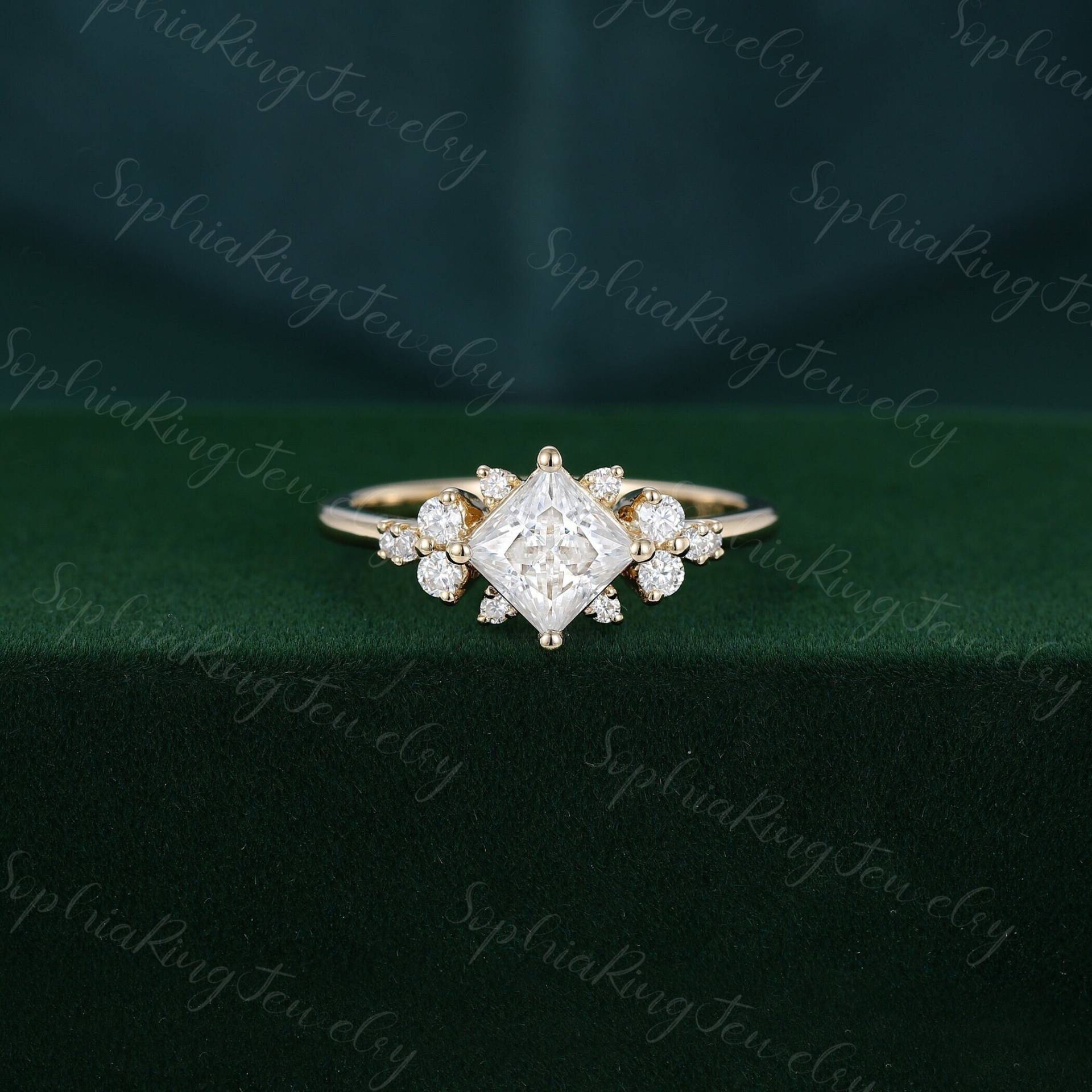 Prinzessin Cut Moissanit Verlobungsring Frauen Gelbgold Cluster Diamant Unikat Hochzeit Braut Jahrestag Geschenk Für von SophiaRingJewelry