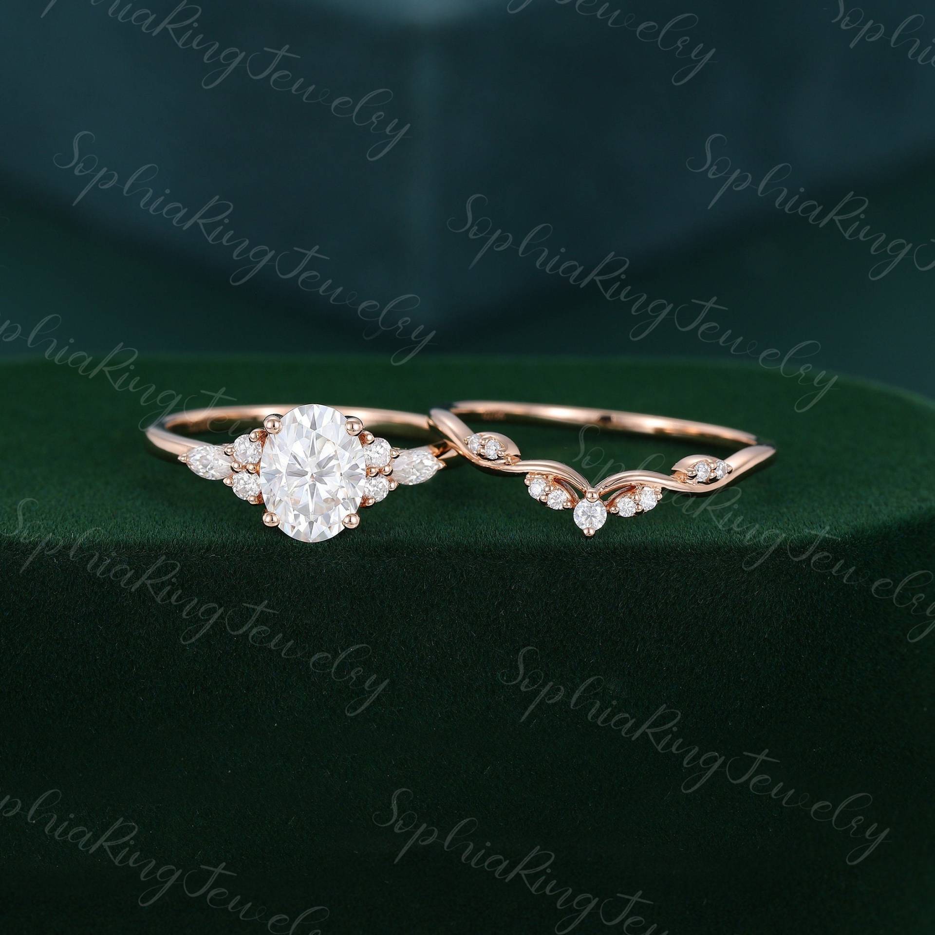 Vintage Oval Moissanit Verlobungsring Set Unikat Rosegold Marquise Diamant Engaegment Ring Frauen Braut Jahrestag von SophiaRingJewelry