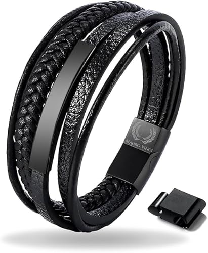 Sophie Siero Mauro Vinci Lederarmband Herren schwarz - Doppelkordelarmband mit Magnetverschluss - Verstellbar von 19,5cm bis 21cm MB-0130 URO PLANO- Armband Leder schwarz - Mit Geschenkverpackung von Sophie Siero