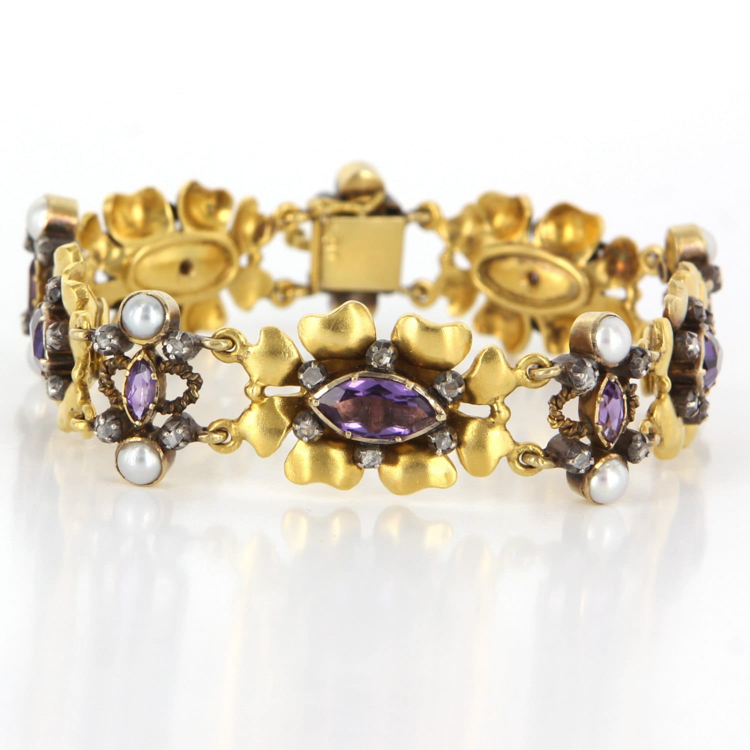 Art-Deco 18 Karat Gelb Gold Amethyst Diamant Kultivierten Perlen Armband von SophieJaneJewels
