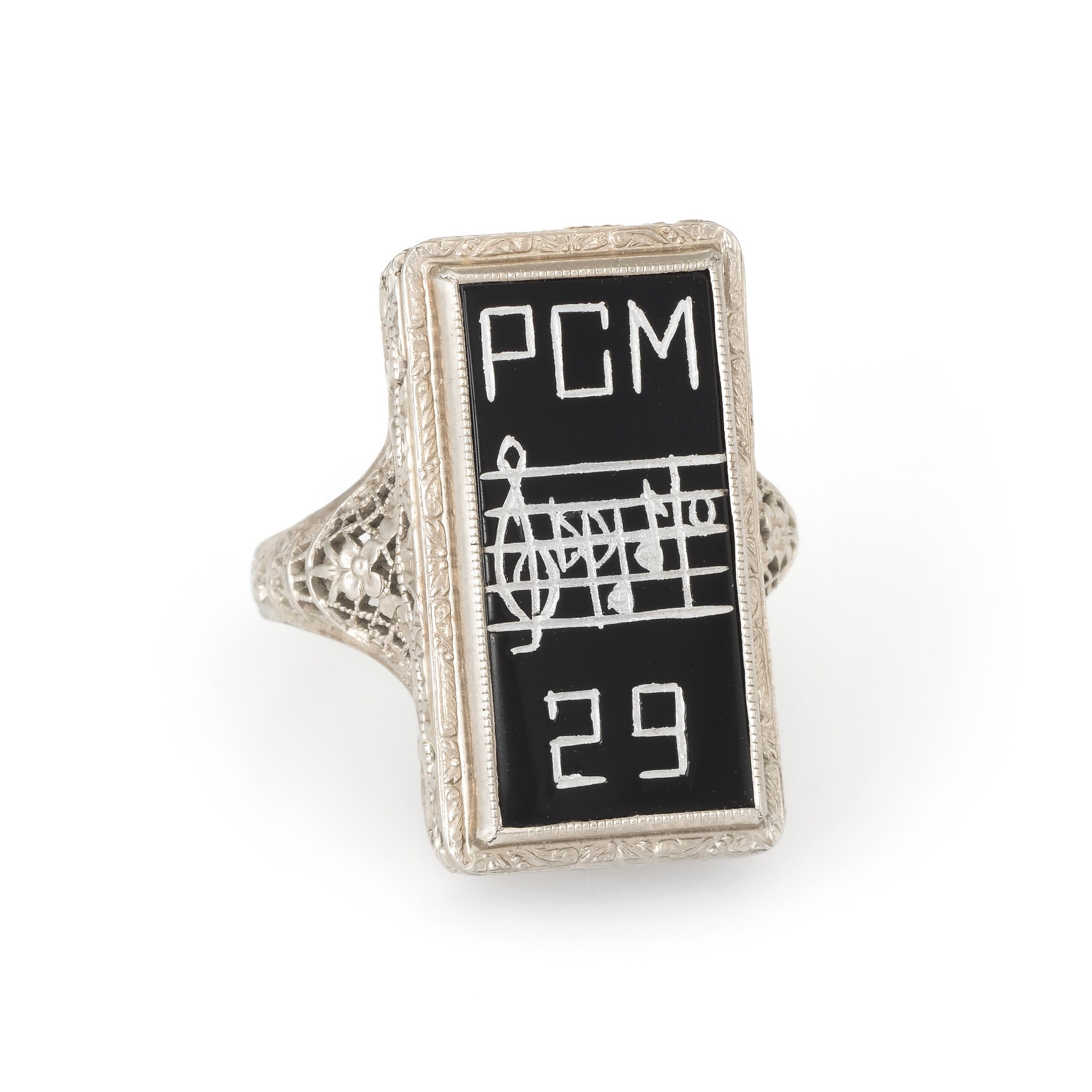 Deco Antikschmuck Musik Blatt Ring Vintage 14K White Gold Onyx Estate Edlen Schmuck von SophieJaneJewels