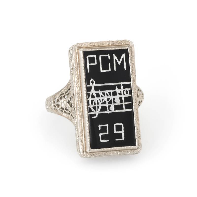Deco Antikschmuck Musik Blatt Ring Vintage 14K White Gold Onyx Estate Edlen Schmuck von SophieJaneJewels