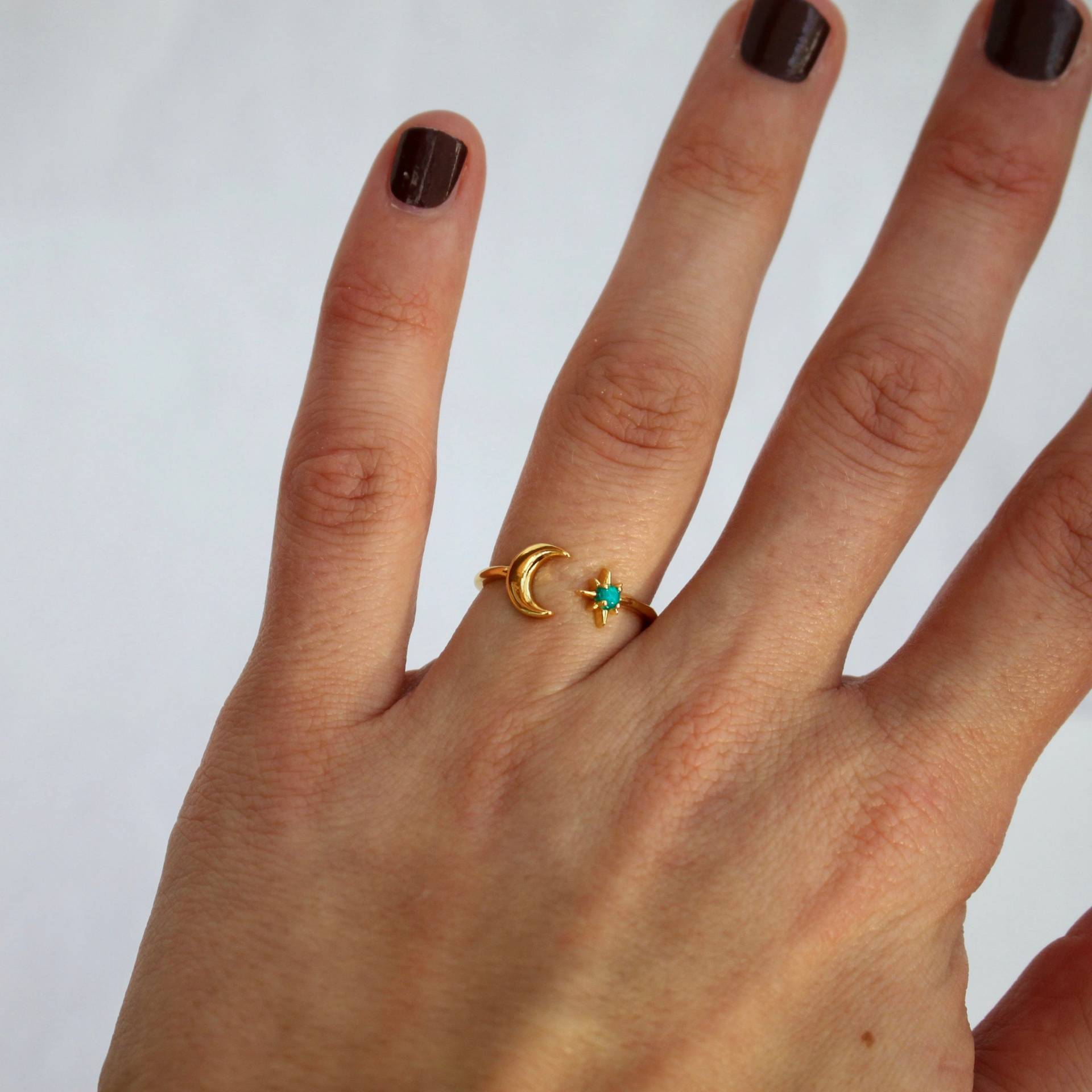 Mond Ring Mit Blauem Stein, Goldener Boho Einem Gold, Blauer Kleiner Stein Schmuck Größenverstellbarer Als Geschenk von Sophieilena