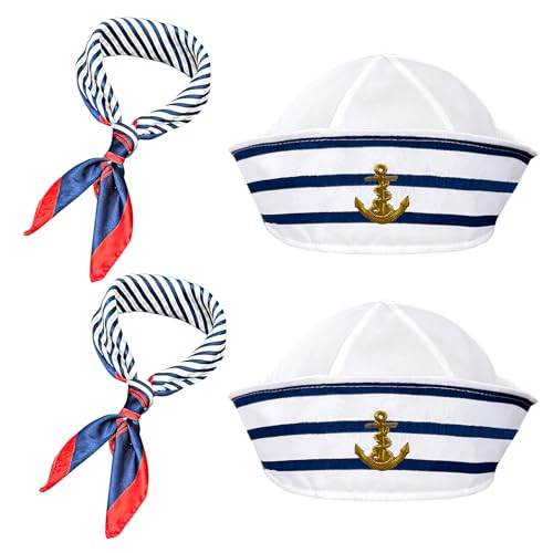 Kapitän Matrosen Kostüm Set 2 Packungen Streifen Matrosenmütze und Schal Streifen Matrosenmütze und Schal Set Matrosenschiff-Kappe marineblaues Outfit Verkleidungsparty für Damen und Herren von Sophisticate