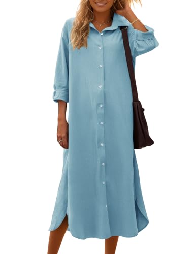 Sopliagon Damen Hemdkleid aus Baumwolle und Leinen, locker - Blau - X-Groß von Sopliagon