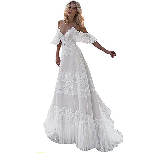 Damen Hochzeitskleider schicke Spitze Abendkleider V Ausschnitt Rüschen Ärmel Strand Boho Outdoorsy Hochzeitskleid Off-White von Sorayan