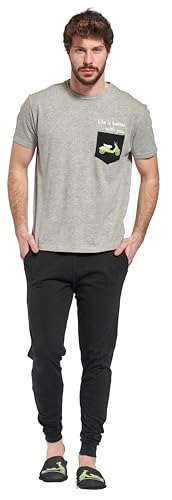 SORBETTO Herren bequemer Schlafanzug als Langer Pyjama aus Baumwolle, Kurzarm Grau/Schwarz, Gr. XL von Sorbetto