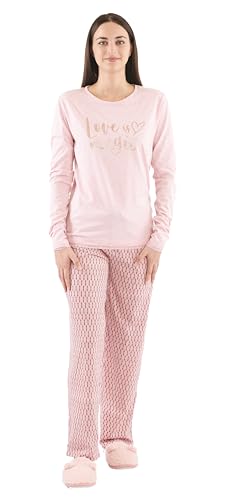 Sorbetto Damen gemütlicher Pyjama/Langer Schlafanzug in modernem Design, Langarm mit Print rosa, Gr. M von Sorbetto