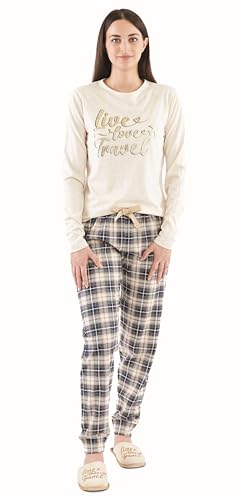 Sorbetto Damen moderner Pyjama/Langer Schlafanzug/Homewear-Anzug in stylischem Look, Langarm Beige/Dunkelblau mit Karos, Gr. L von Sorbetto