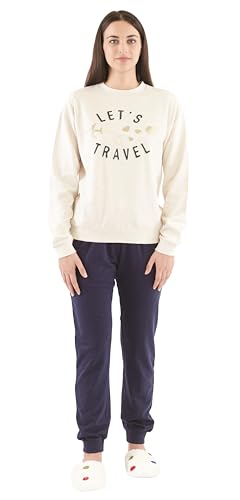 Sorbetto Damen moderner Pyjama/Langer Schlafanzug/Homewear-Anzug in stylischem Look, Langarm Beige/Dunkelblau mit Schriftzug, Gr. L von Sorbetto