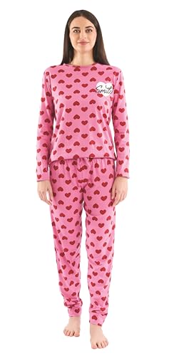 Sorbetto Damen moderner Pyjama/Langer Schlafanzug/Homewear-Anzug in stylischem Look, Langarm Pink/Rot Herz-Muster, Gr. M von Sorbetto