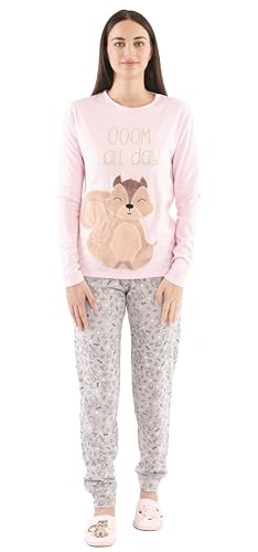 Sorbetto Damen süßer Pyjama/Langer und kurzer Schlafanzug mit Tiermotiv, Langarm Rosa/Grau mit Eichhörnchen, Gr. XL von Sorbetto