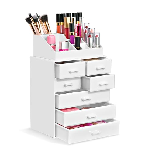 Sorbus Make-up-Organizer, Pinselhalter und Make-up-Aufbewahrungsschubladen – Acryl-Make-up-Organizer für Schminktisch, Badezimmer – Kosmetik-Vitrinen mit 3 großen, 4 kleinen Schubladen und 1 Tablett von Sorbus