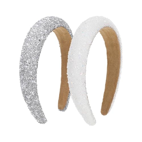 2 Stück Breit Haarreifen Mädchen, Haarreif Damen, Silber Haarreif Rutschfest Glitzer Haarschmuck Kurze Haare Weiß Stirnbänder Glänzende Haarbänder Haar Accessoire für Frauen Tägliches Party von Sorcristy
