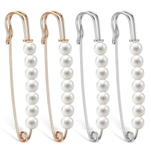 4 Stück Schleppennadel Brautkleid Perlen-Broschennadeln Brosche Ausschnitt Verkleinern Brosche Kragen Clip Sicherheitsnadel Anstecknadeln für Damen Kleidung Hosen Röcke Taille Pullover Schal von Sorcristy