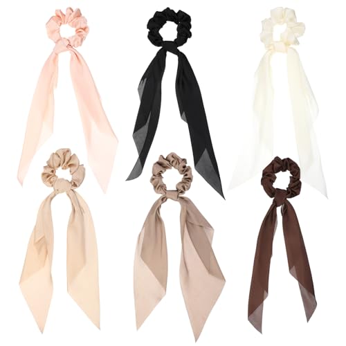 6 Stück Scrunchies Haargummi Mit Schleife Elastisches Pferdeschwanz Halter Schleifen Haarband Haarschmuck für Frauen Mädchen (Beige Khaki Kaffee Dunkelbraun Schwarz Rosa) von Sorcristy