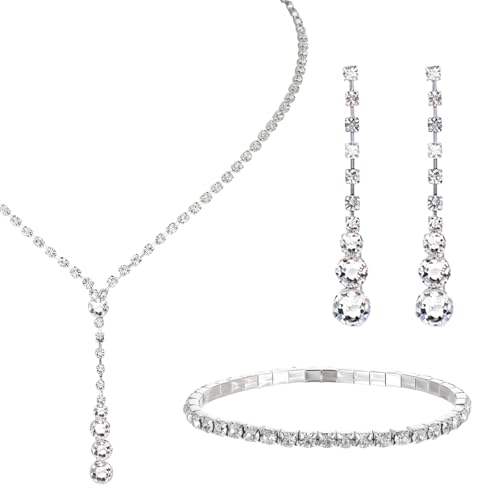 Schmucksets für Damen, Kristall Schmuck Set Silber Brautschmuck Halskette Anhänger Ohrringe Armband Hochzeits Strassschmuck Schmuckset Hochzeitsschmuck Silberschmuck für Frauen Mädchen von Sorcristy