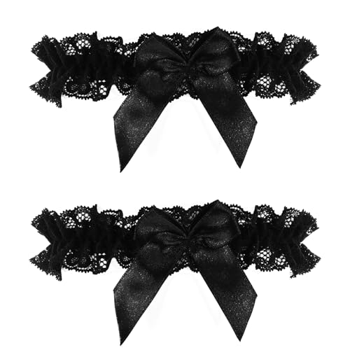 Sorcristy Spitzen-Oberschenkelringe Mit Zarter Satinschleife, Braut Spitzen-Strumpfbänder, 2 Stück Strumpfband Für Hochzeit, Damen Strumpfbänder Für Maskerade, Cosplay, Hochzeit (Schwarz) von Sorcristy