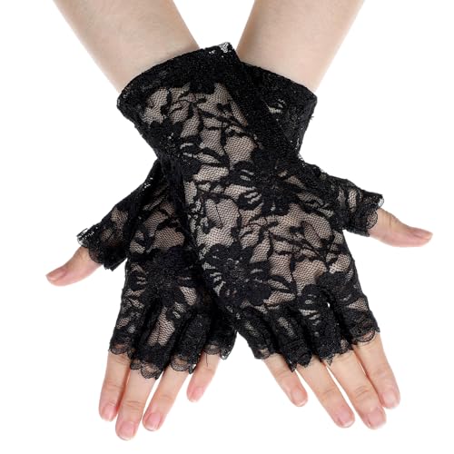 Sorcristy Kurze Handschuhe mit Blumenmuster, Spitzenhandschuhe Schwarz, Fingerlose Handschuhe Damen, Netzhandschuhe Spitze Braut Blumenspitzen für Frauen Hochzeits Party 1980er Jahre Kostüm Zubehör von Sorcristy