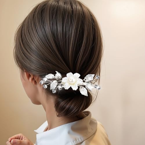 3 Stück Haarklammern Klein Perlen Haarschmuck Hochzeit Brautschmuck Haare Weiß Blumen Haarspangen Florale Perlenclips Blumen Blatt Haarspange für Frauen Braut Brautjungfer von Sorcristy