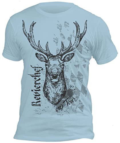 Trachten Tshirt Herren Trachtenshirt Männer Bayern Jäger Volksfest Hirsch T-Shirt Revierchef on Tour Farbe: hellblau von Soreso Design