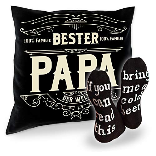 Geschenk-Set Socken mit Bier Spruch bring me a cold beer plus Kissen Bester Papa schwarz von Soreso Design