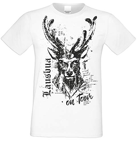 Herren Trachten T-Shirt mit Hirsch Motiv : Trachtenshirt für Oktoberfest Volksfest Freizeit : Lausbua on Tour : Baumwolle : Übergrößen bis 5XL Farbe: Weiss Gr: 3XL von Soreso Design