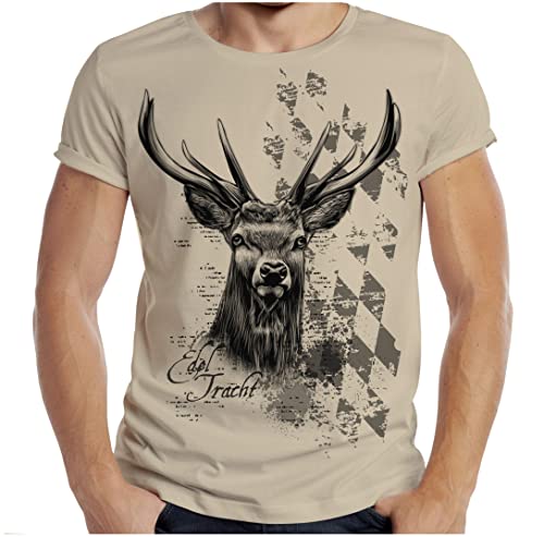 Trachten T-Shirt Herren Volksfest Trachtenshirt für Männer Jäger T-Shirt bayrisch Hirsch Edel Tracht Farbe: Sand von Soreso Design