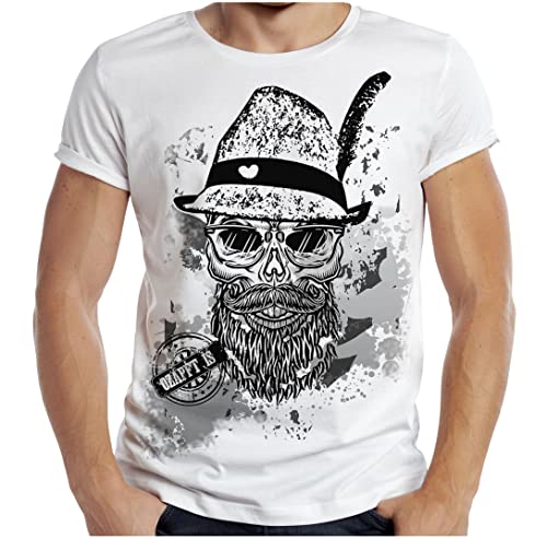 Trachten T-Shirt Herren Volksfest Trachtenshirt für Männer T-Shirt bayrisch Ozapft is Totenkopf Farbe: Weiss von Soreso Design