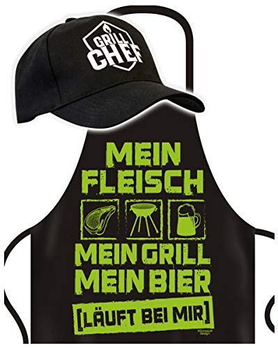 Soreso Grillschürze für Männer mit Grill Chef Cap - Geschenkset für Meistergiller - Partyschürze in schwarz von Soreso Design