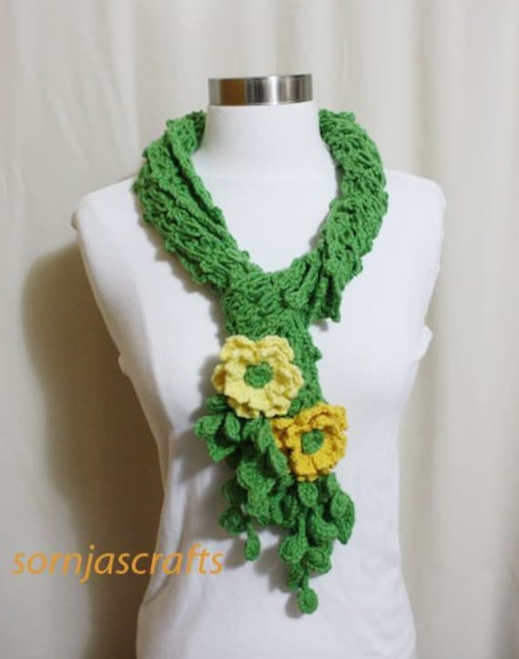 Sale/Häkelschal, Grasgrün Gelb Senfblume Schal Mit Blättern, Häkelschal, Geschenk Für Sie, Sornja von SornjasCrafts