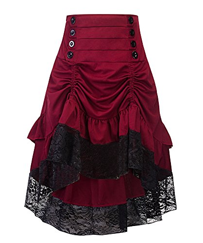 Sorrica Damen Steampunk Retro Gothic Vintage Rüschen High Low Gypsy Hippie Spitze Party Rock, weinrot, Klein von Sorrica
