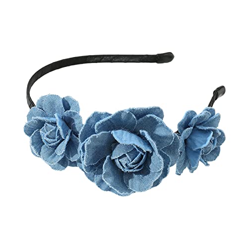 Blaues Stoff-Stirnband für Damen mit Rose, gewaschenes Denim-Stirnband, rutschfeste Stirnbänder, süße Haarbänder, Yoga-Zubehör, Rosen-Stirnband von Sorrowso