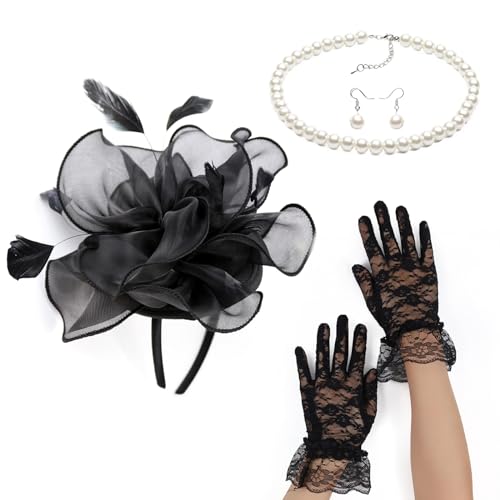 Fascinator-Set für Damen, elegant, Perlen, Halskette, Ohrringe, Spitze, Handschuhe, 1920er-Jahre, vielseitige Kopfbedeckung, Party-Stirnband von Sorrowso