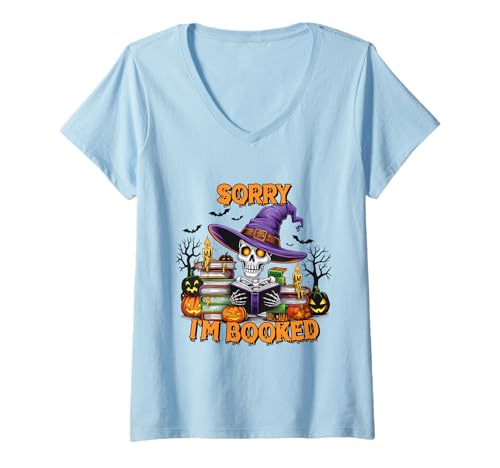 Damen Sorry I'm Booked Skelett Shirt Hexenhut Bücher Kerzen T-Shirt mit V-Ausschnitt von Sorry I'm Booked Skeleton Tee Shirts for