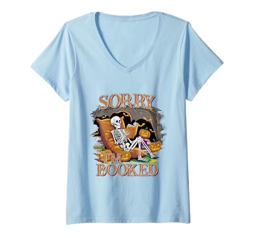 Damen Sorry I'm Booked Skelett Shirt Kürbis Patch Ghost Fall T-Shirt mit V-Ausschnitt von Sorry I'm Booked Skeleton Tee Shirts for