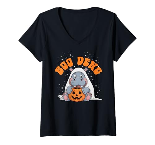 Damen Funny Boodeng Baby Pygmy Hippo Gruseliges Süßes oder Saures T-Shirt mit V-Ausschnitt von Sorry I'm Late I Was A Hippopotamus Haunted House