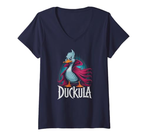Damen Lustiger Halloween-Farm Duckula GRAF Gruseliger Kürbis Spukt T-Shirt mit V-Ausschnitt von Sorry I'm Late I Was Vampire Black Cat Hunting