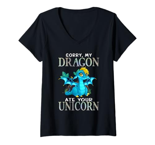 Damen Sorry My Dragon Ate Your Unicorn Funny Dragon T-Shirt mit V-Ausschnitt Damen Sorry My Dragon Ate Your Unicorn Funny Dragon T-Shirt mit V-Ausschnitt von Sorry My Dragon Ate Your Unicorn Funny Dragon Tee