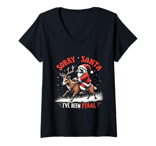 Damen Christmas Raccoon Sorry Santa I've Been Feral Animal Holiday T-Shirt mit V-Ausschnitt Damen Christmas Raccoon Sorry Santa I've Been Feral Animal Holiday T-Shirt mit V-Ausschnitt von Sorry Santa I’ve Been Feral Raccoon Lovers Xmas