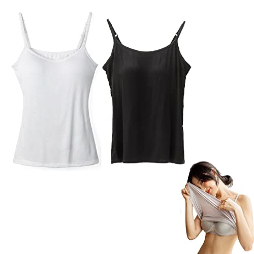 2-in-1 Damen Basic Nahtloses Camisole Einfarbig Spaghettiträger Slim Fit Baumwolle Verstellbare Spaghettiträger Tank Top für Alltag Freizeitkleidung Tank Top mit integriertem BH, 2 Stück., S von Sorviesw