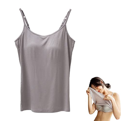 2-in-1 Damen Basic Nahtloses Camisole Einfarbig Spaghettiträger Slim Fit Baumwolle Verstellbare Spaghettiträger Tank Top für Alltag Freizeitkleidung Tank Top mit integriertem BH, Grau2, XXL von Sorviesw