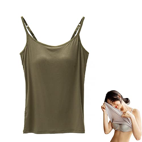 2-in-1 Damen Basic Nahtloses Camisole Einfarbig Spaghettiträger Slim Fit Baumwolle Verstellbare Spaghettiträger Tank Top für Alltag Freizeitkleidung Tank Top mit integriertem BH, grün, M von Sorviesw