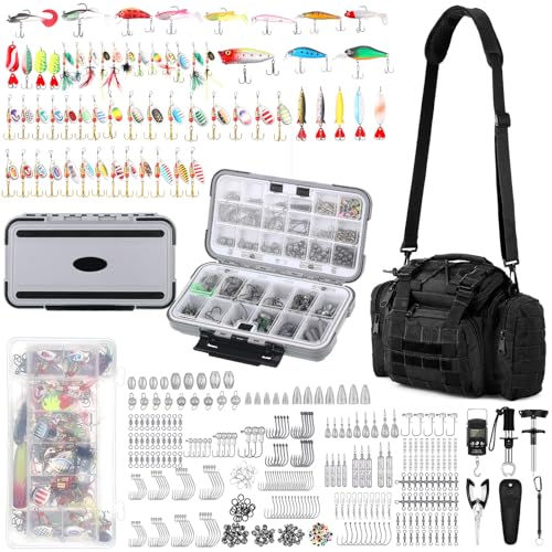 Sosation Angelgerätebox mit Angelzubehör, 464-teilig, inklusive Angelhakenentferner, Werkzeug-Set, Angelrucksack mit Ausrüstung, Geschenke für Erwachsene und Männer, Schwarz von Sosation