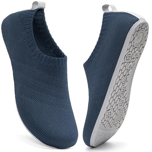 Sosenfer Herren Hausschuhe Damen Barfuss Schuhe Damen Rutschfest Slip on Flache Barfusshausschuh Home Kuschelige Pantoffel Geschlossen Unisex-DarkBlue-Grey-46 von Sosenfer