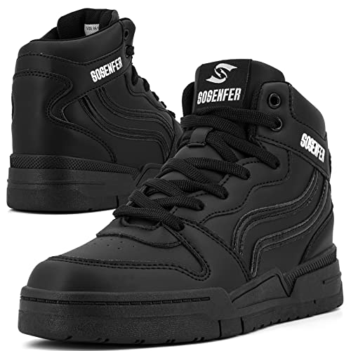 Sosenfer Plateau Sneaker Damen Wedges Keilabsatz Schuhe Damen Sportschuhe Innere Steigerung Platform Leichte Leder Walking Trainers Weiss Weiße Schwarz Turnschuhe Damen (Schwarz EU 38) von Sosenfer