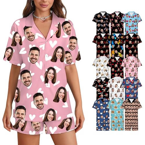 SosnSusn Personalisierte Schlafanzug Damen Mit Gesichtsfoto- Pyjama Set Individuelle Schlafanzug Damen Kurz Sommer Loungewear-Sets Für Frauen Personalisierte Geschenke Für Frauen Multicolor von SosnSusn
