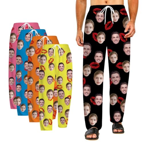 SosnSusn Personalisierte lustige Pyjamahose mit Fotogesicht, Personalisierte Pyjamahose für Frauen Männer lustiges Familien-Pyjama-Set für Paare mit Taschen und Kordelzug Sleepewear Loungewear von SosnSusn