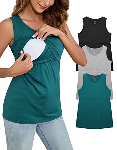 Sosolism 3 Pack Damen Stillen Tanktops Ärmellos Still-T-Shirt Sommer Lässig Mutterschaft Trägertop Umstandsmode Nursing Oberteil Trägershirt,Grün/Hell Grau/Schwarz,XXL von Sosolism